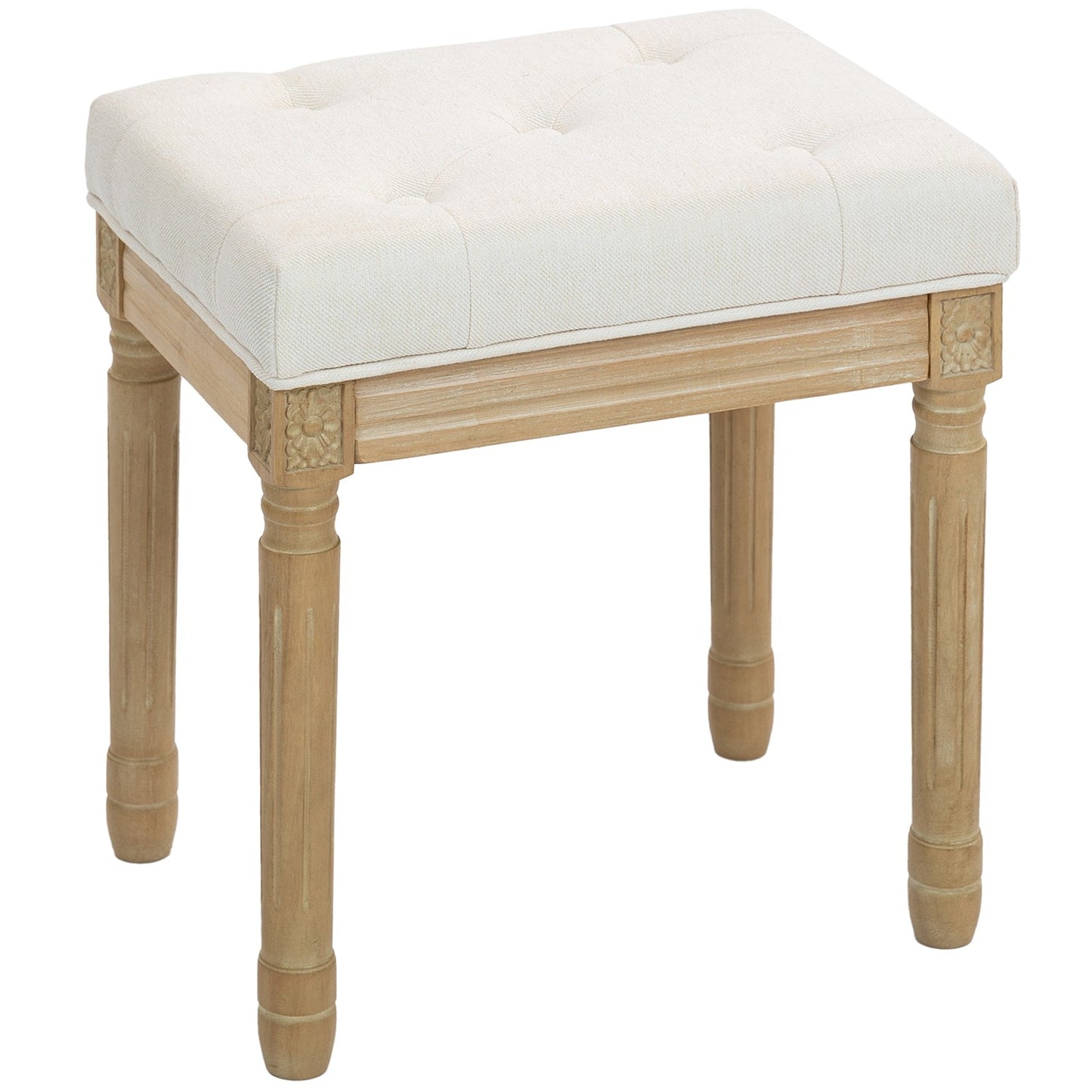 Linen Ottoman Bench, Padded Seat, Wood Legs, 42x32x46.5 cm, Beige