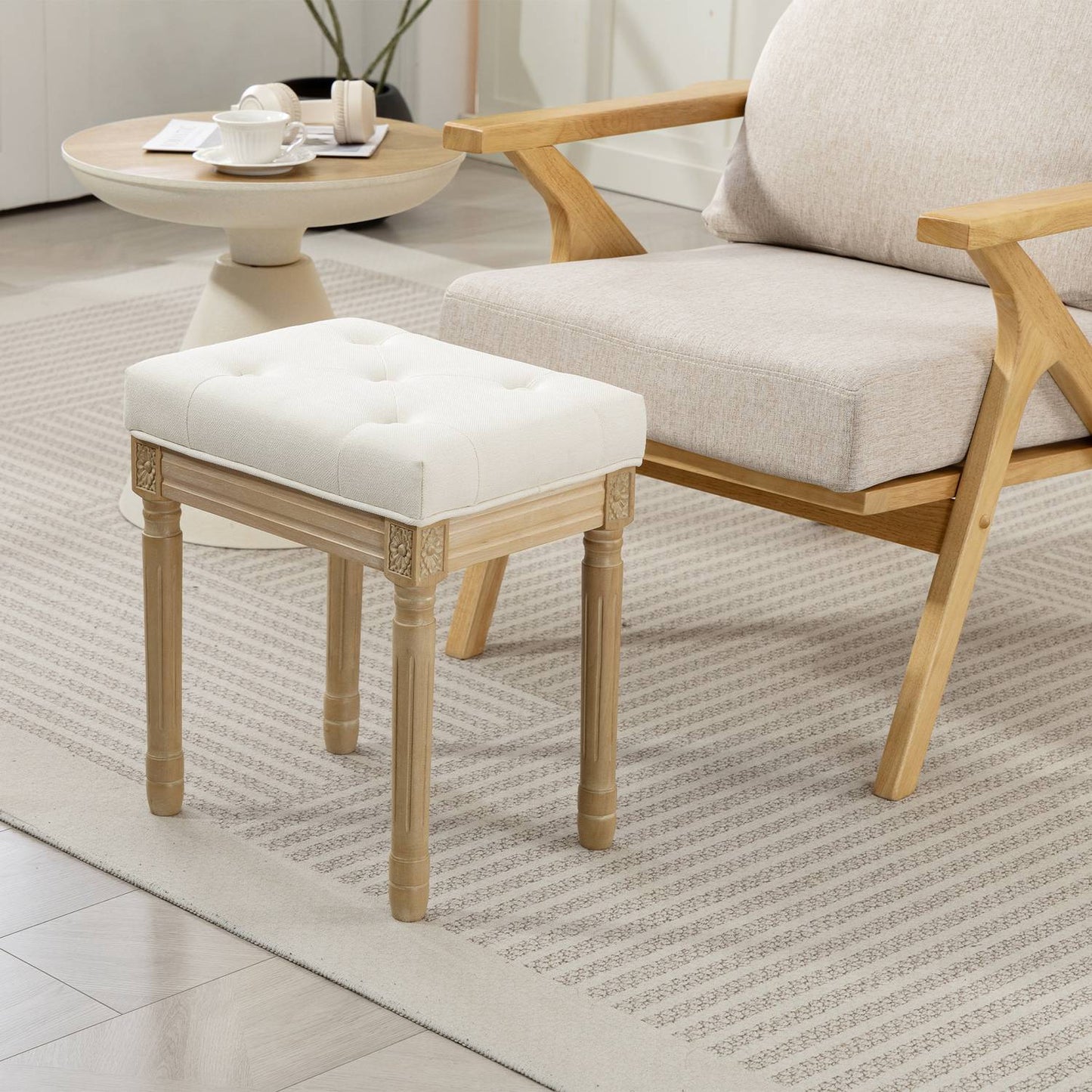 Linen Ottoman Bench, Padded Seat, Wood Legs, 42x32x46.5 cm, Beige