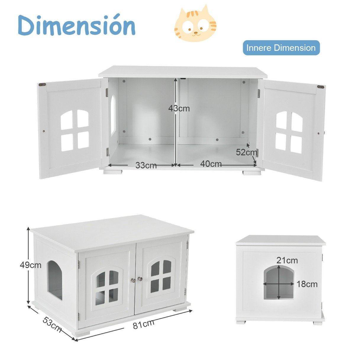 Litter Box Enclosure Cat House with Double Doors and Windows Decorative Litter Box