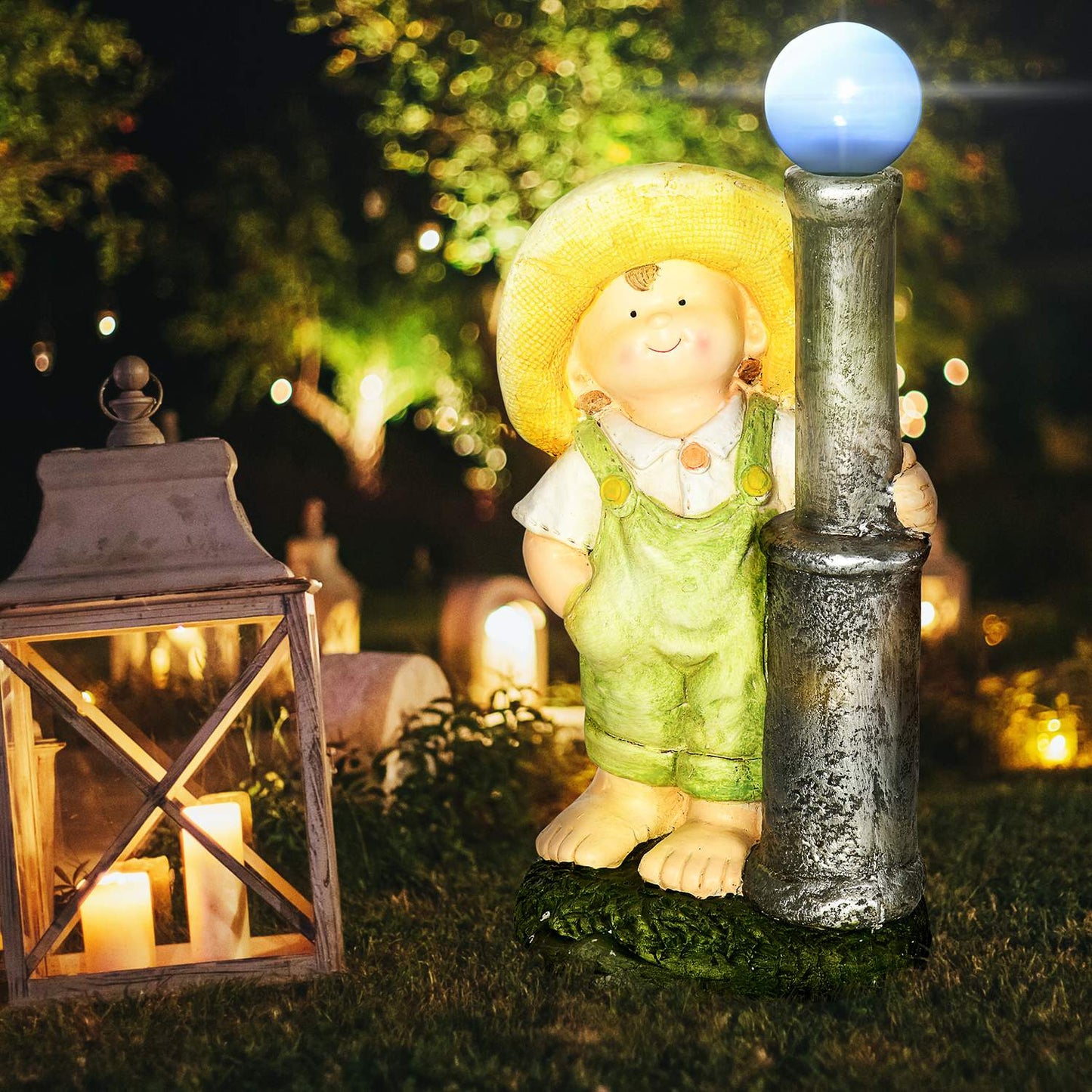 Little Boy Lantern Garden Ornament with Solar LED Light, 56cm