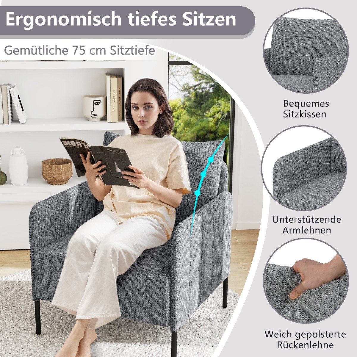 Living Room Armchair with Adjustable Foot Pads, Gray, 73x79x79 cm