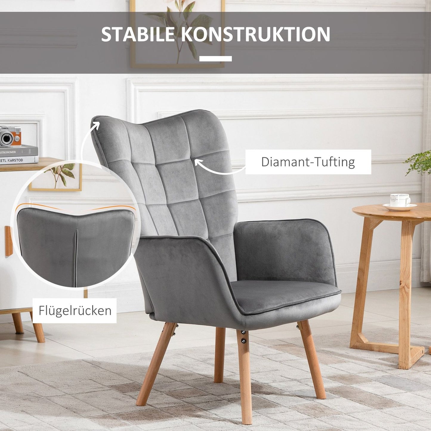 Dining chair in gray velvet with armrests - beech wood