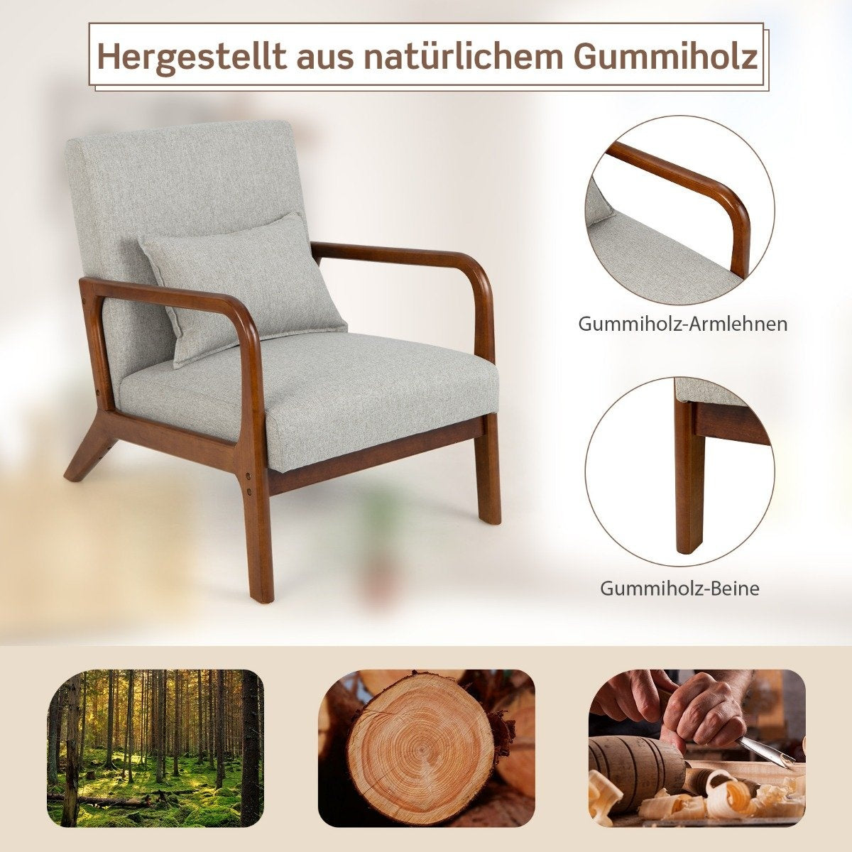 Living Room Lounge Chair, Padded, Wood Arms, 65x79x77 cm, Gray