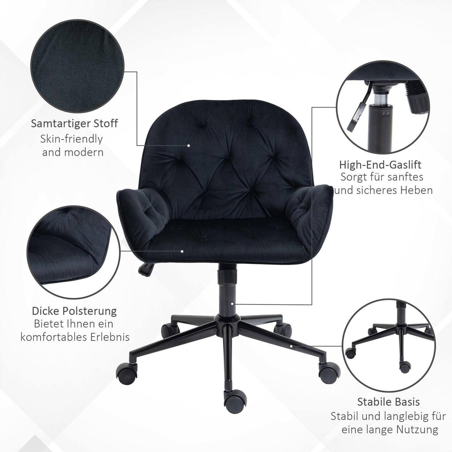 Height-adjustable Black Velvet Swivel Desk chair