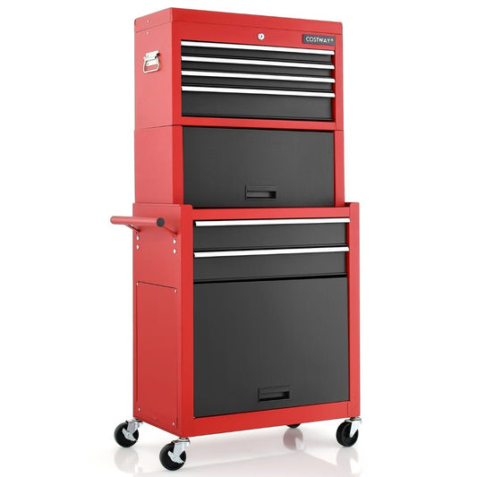 Lockable 2-in-1 High Capacity Tool Chest Handle 6 Drawers & 4 Wheels Red + Black
