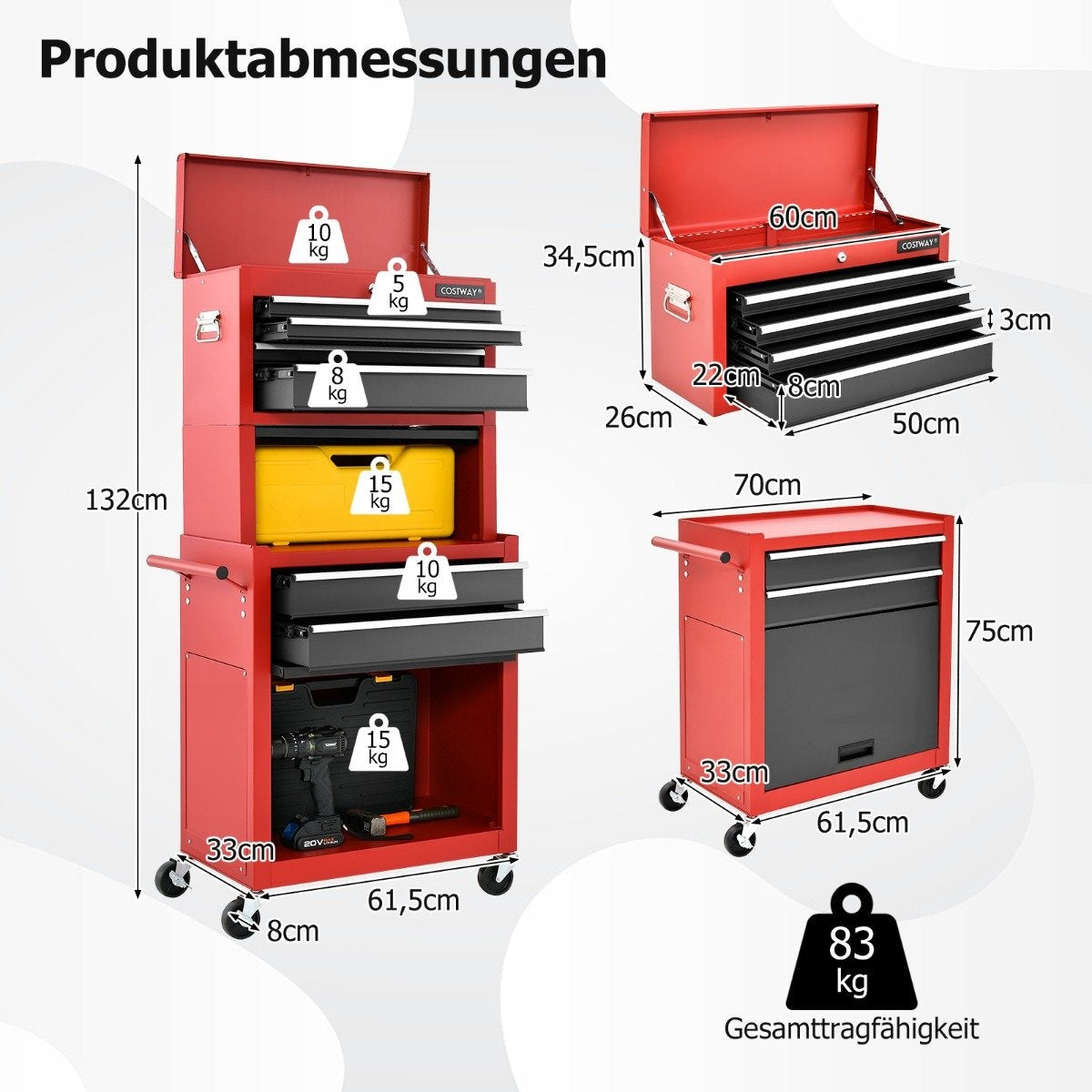 Lockable 2-in-1 High Capacity Tool Chest Handle 6 Drawers & 4 Wheels Red + Black