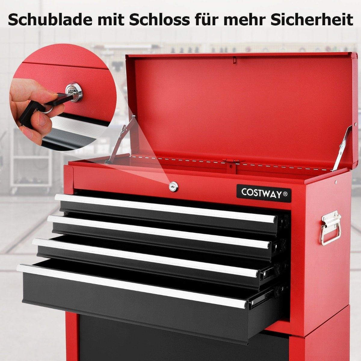 Lockable 2-in-1 High Capacity Tool Chest Handle 6 Drawers & 4 Wheels Red + Black