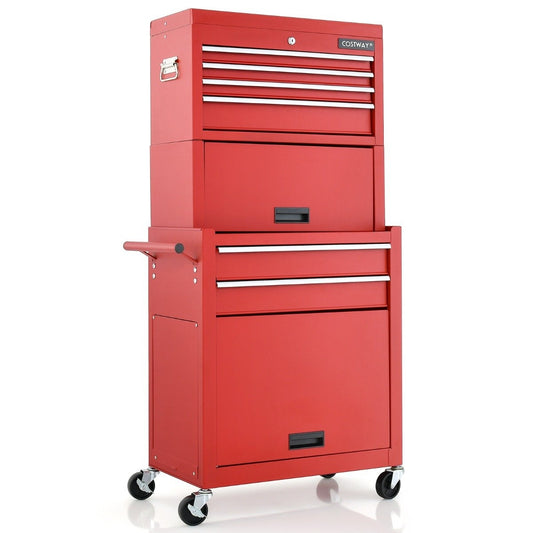Lockable 2-in-1 Tool Chest with High Capacity Handle 6 Drawers & 4 Wheels Removable Red