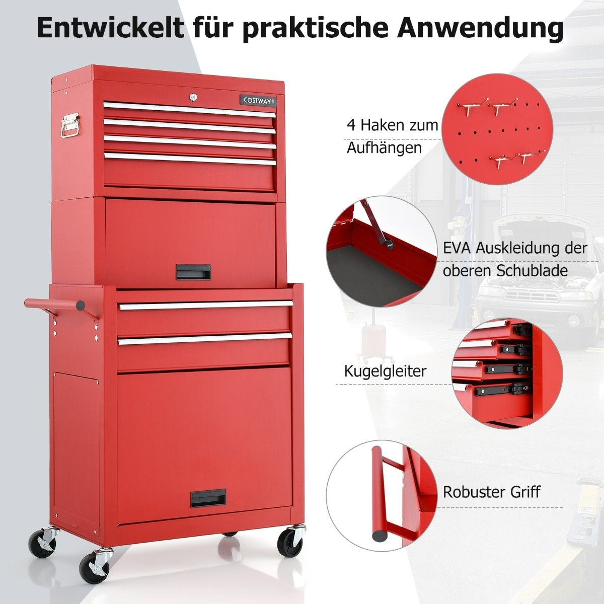 Lockable 2-in-1 Tool Chest with High Capacity Handle 6 Drawers & 4 Wheels Removable Red