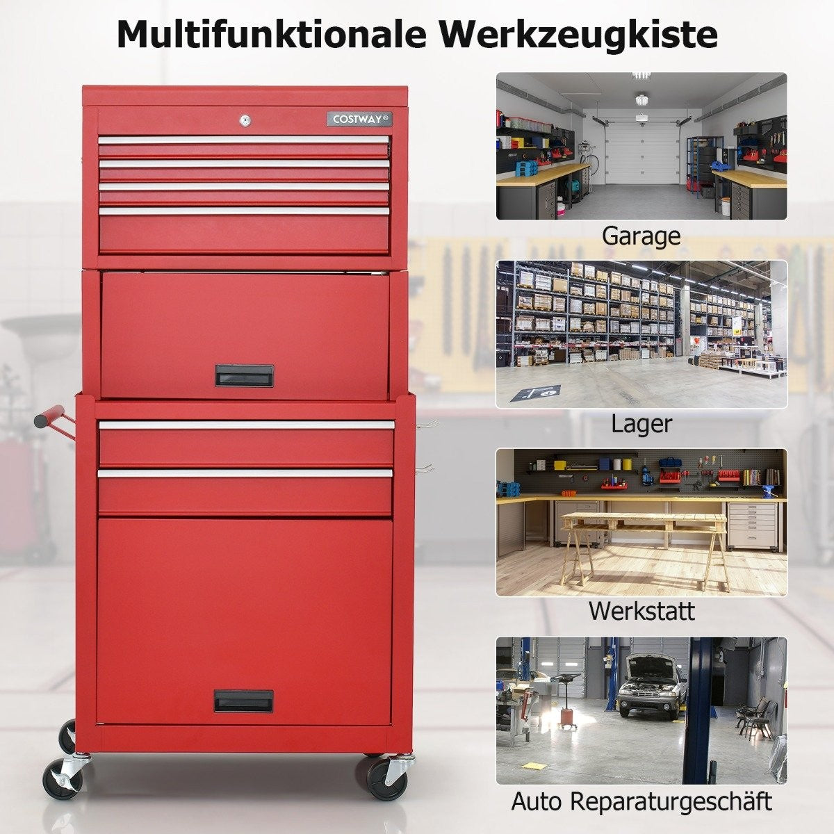 Lockable 2-in-1 Tool Chest with High Capacity Handle 6 Drawers & 4 Wheels Removable Red