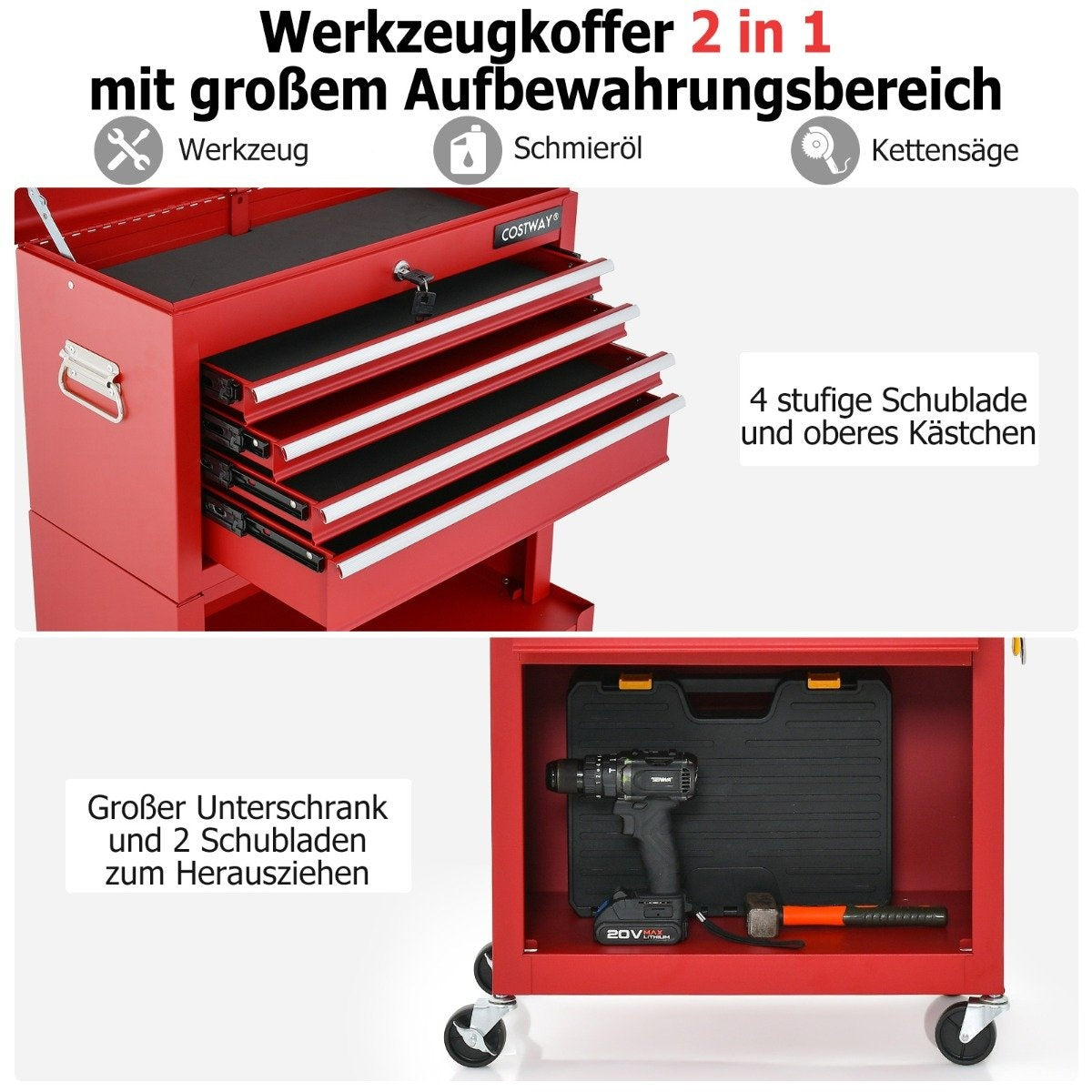 Lockable 2-in-1 Tool Chest with High Capacity Handle 6 Drawers & 4 Wheels Removable Red
