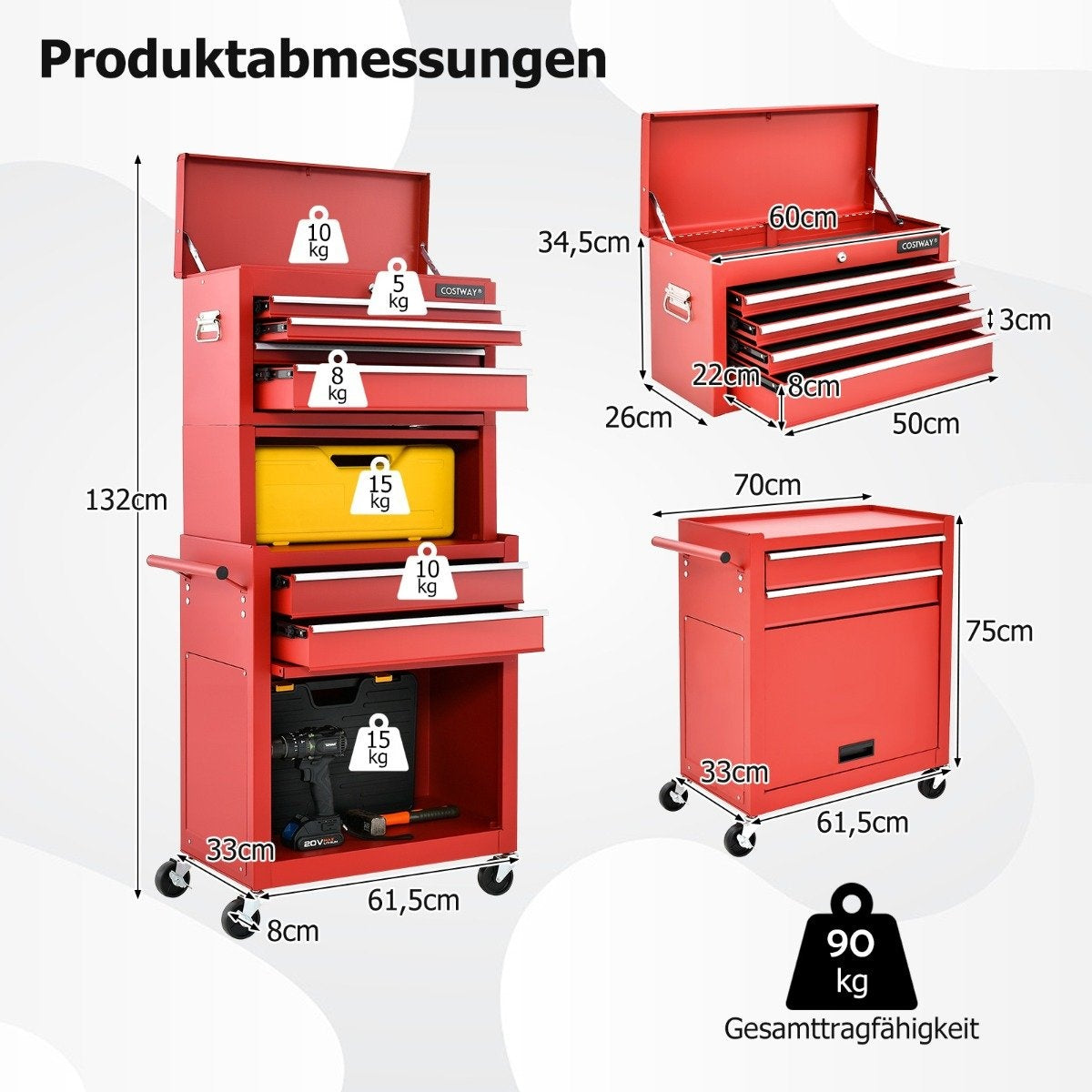 Lockable 2-in-1 Tool Chest with High Capacity Handle 6 Drawers & 4 Wheels Removable Red