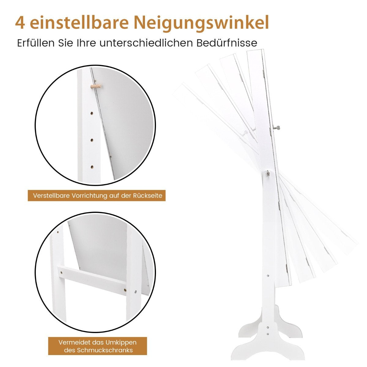 Lockable Jewelry Cabinet Standing Design with Adjustable Angle with Full Length Mirror 45 x 37 x 160 cm White