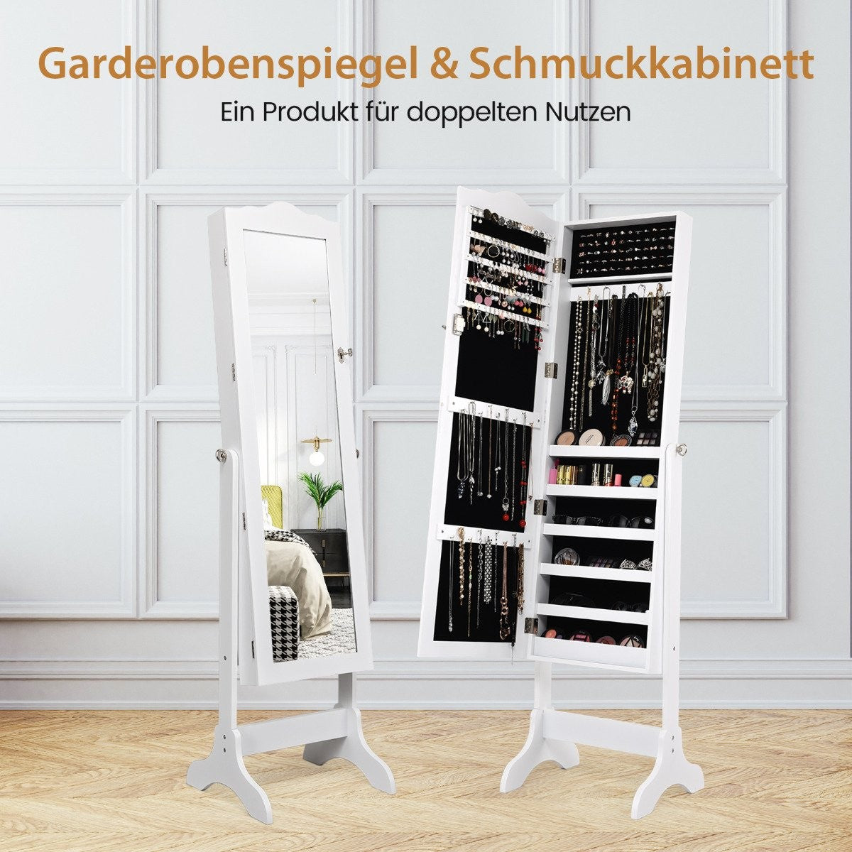 Lockable Jewelry Cabinet Standing Design with Adjustable Angle with Full Length Mirror 45 x 37 x 160 cm White