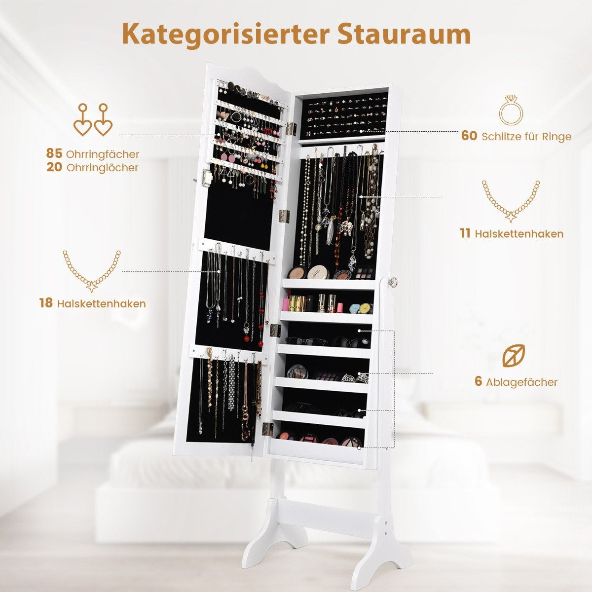 Lockable Jewelry Cabinet Standing Design with Adjustable Angle with Full Length Mirror 45 x 37 x 160 cm White