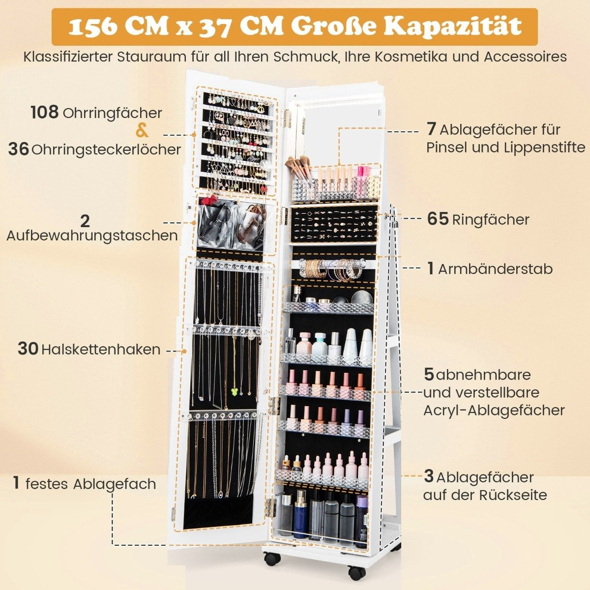 Lockable Jewelry Cabinet with Mirror & Adjustable Shelves