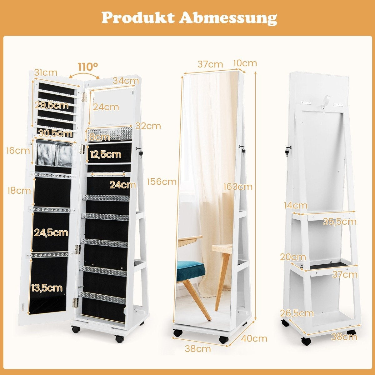 Lockable Jewelry Cabinet with Mirror & Adjustable Shelves