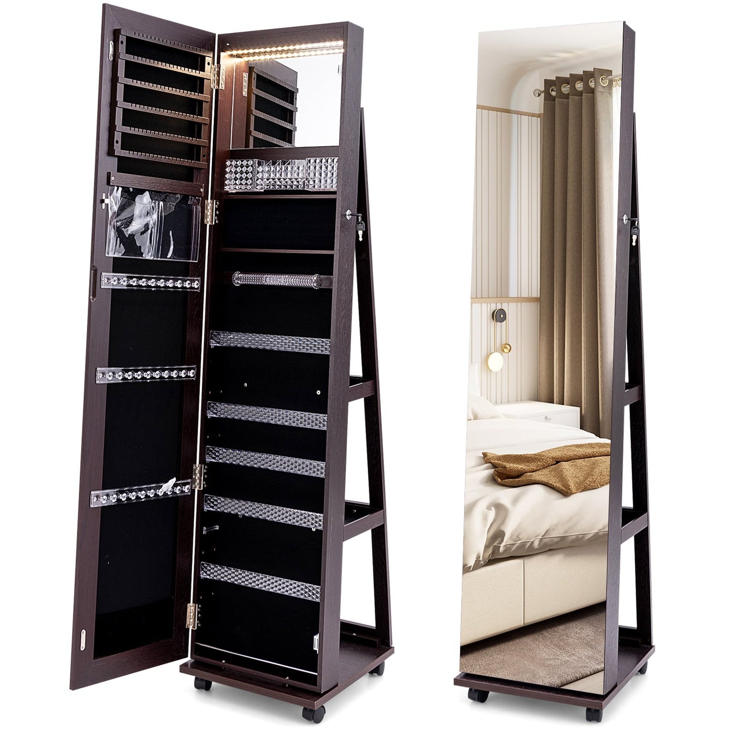 Lockable Jewelry Cabinet with Mirror, LED, Adjustable Shelves