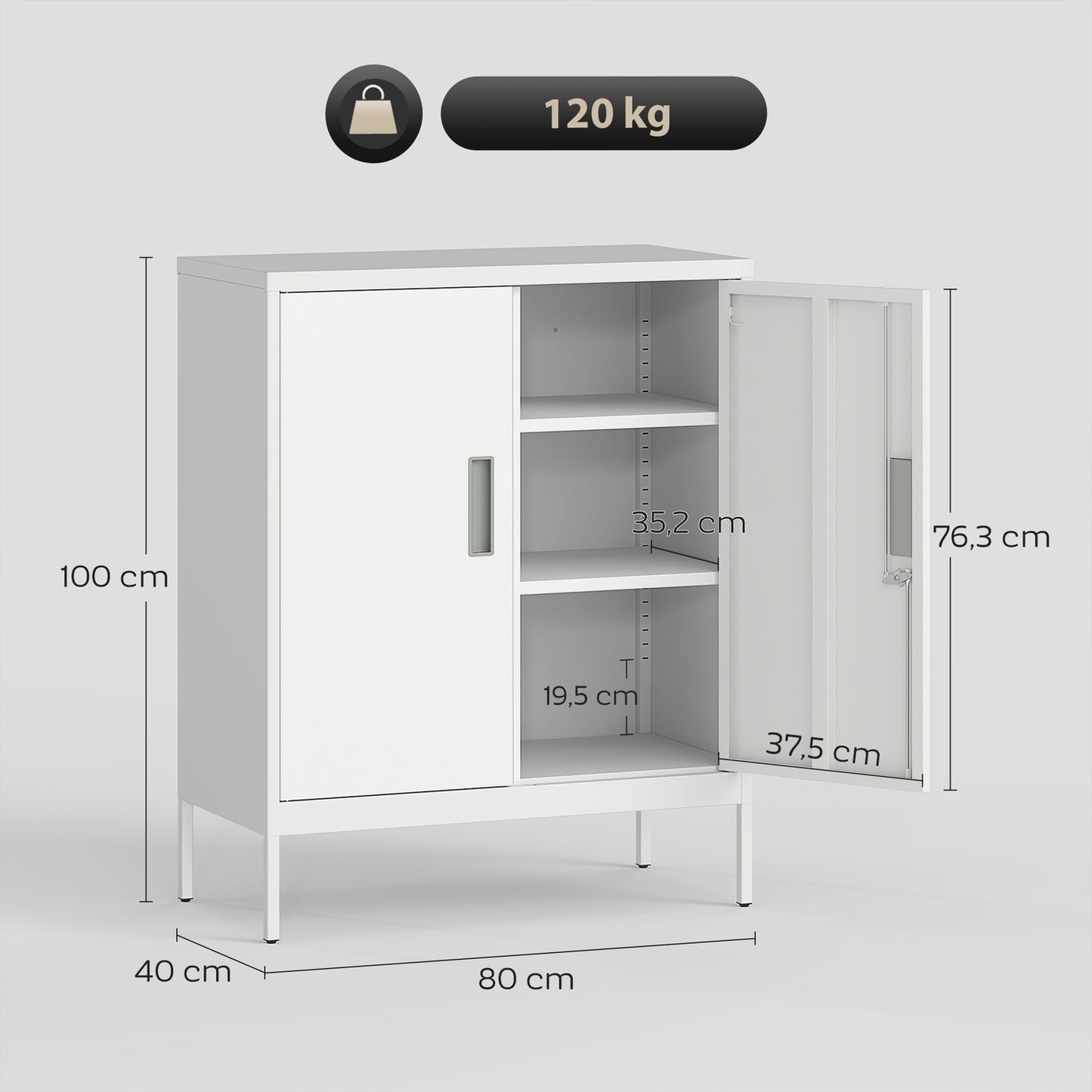 Lockable Steel Cabinet, 2 Doors, Adjustable Shelves, White
