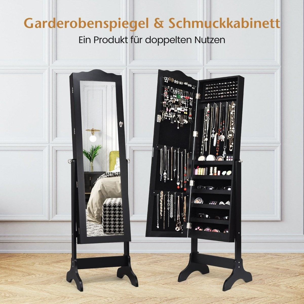Lockable jewelry cabinet with adjustable angle & full-length mirror jewelry rack black
