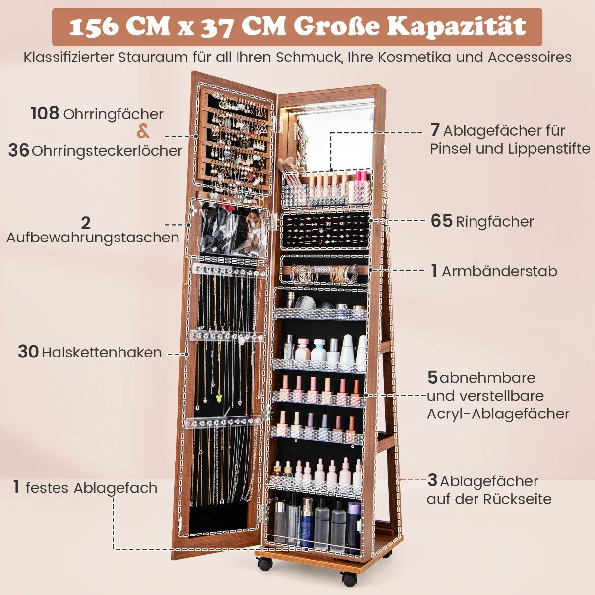 Lockable jewelry cabinet with integrated makeup mirror, adjustable shelves & storage space brown