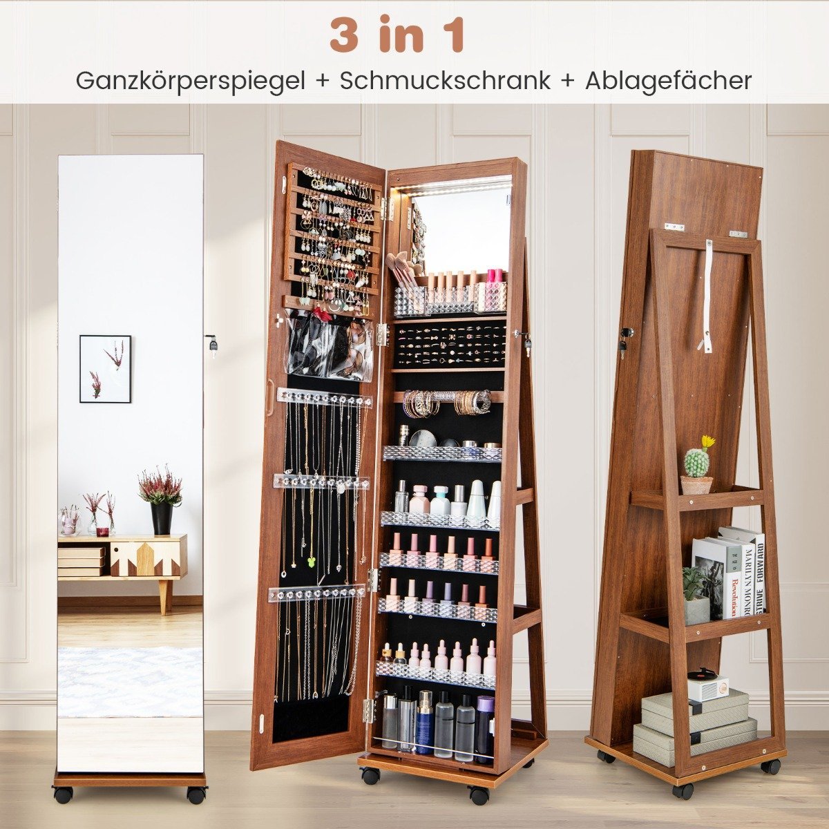 Lockable jewelry cabinet with integrated makeup mirror, adjustable shelves & storage space brown