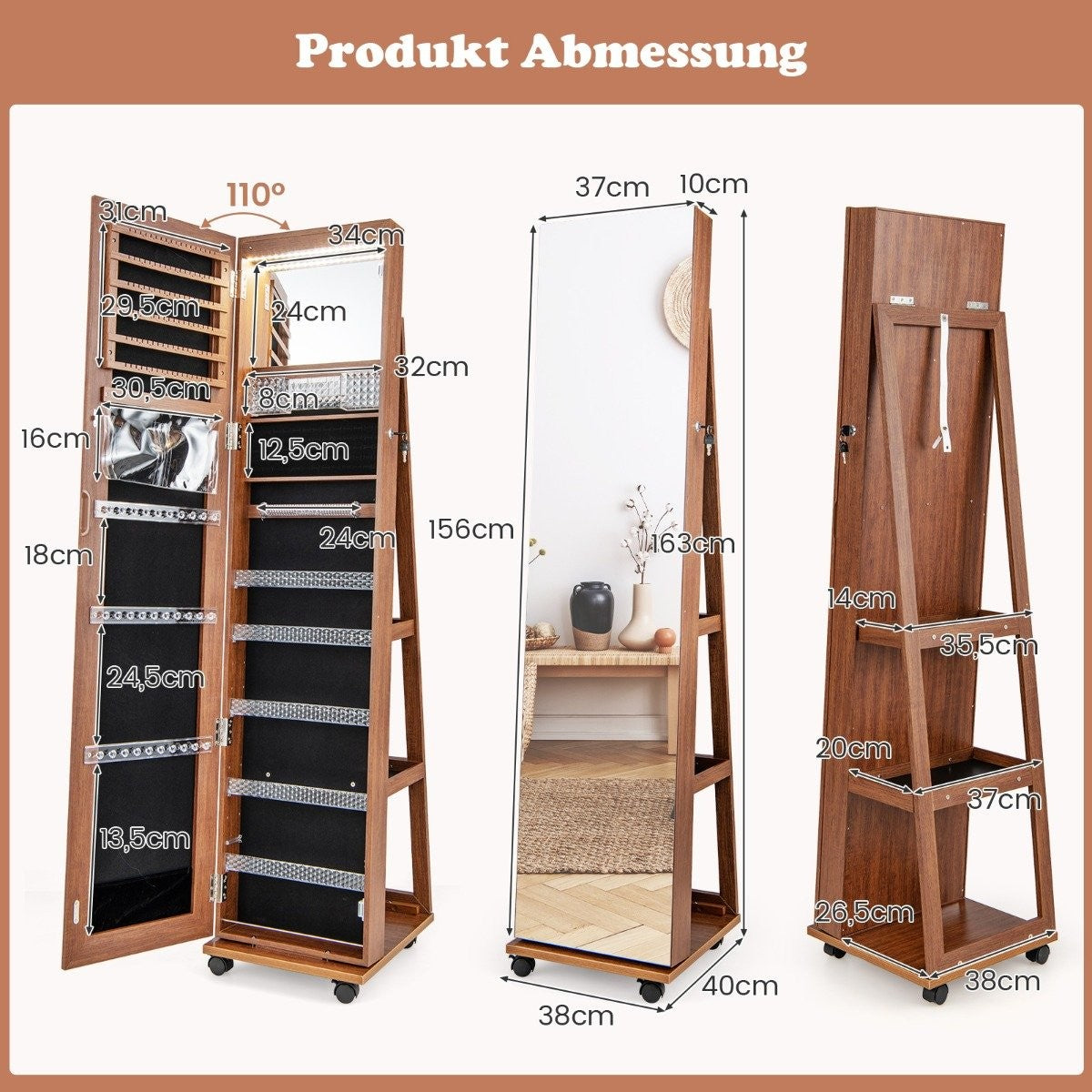 Lockable jewelry cabinet with integrated makeup mirror, adjustable shelves & storage space brown