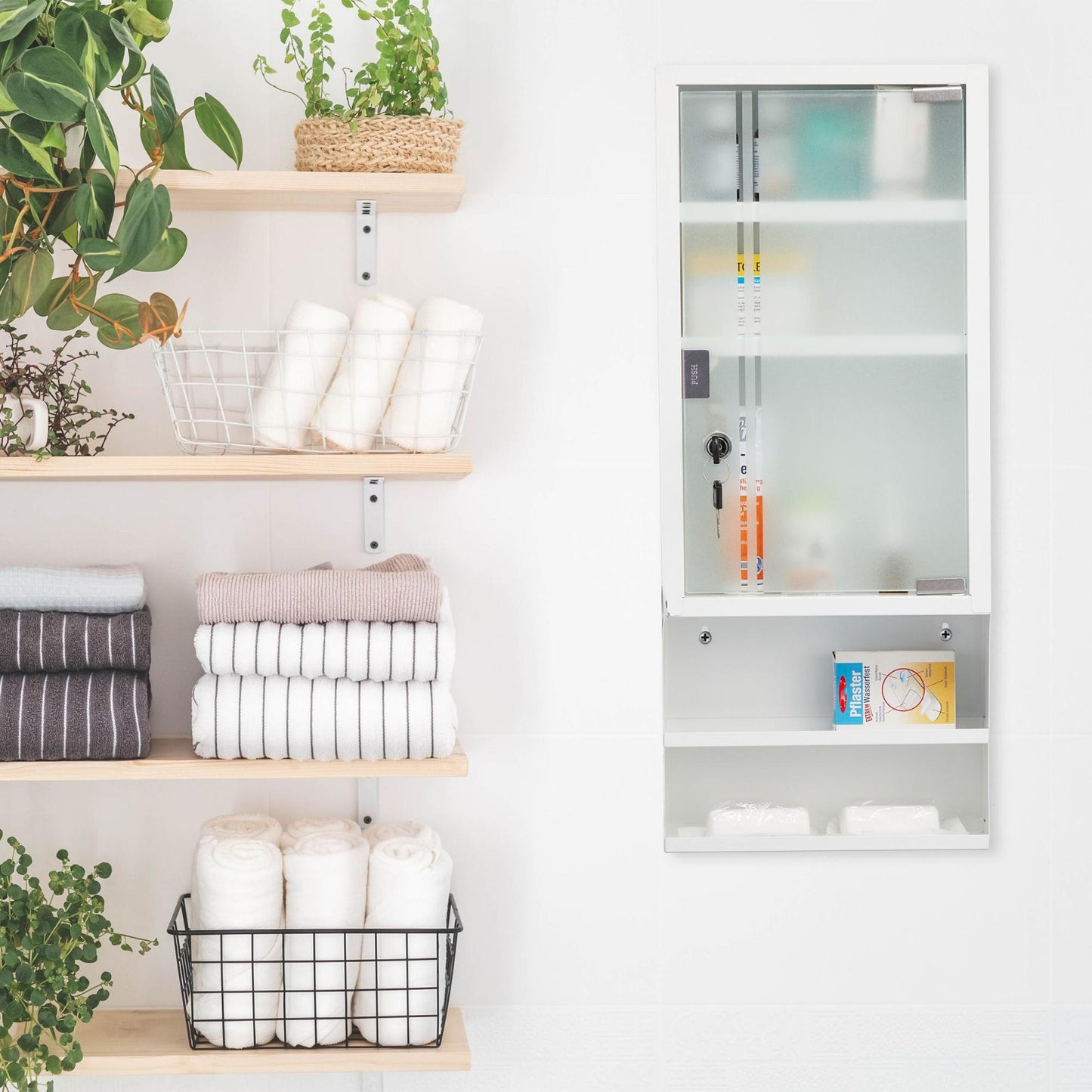 Lockable medicine cabinet with glass door