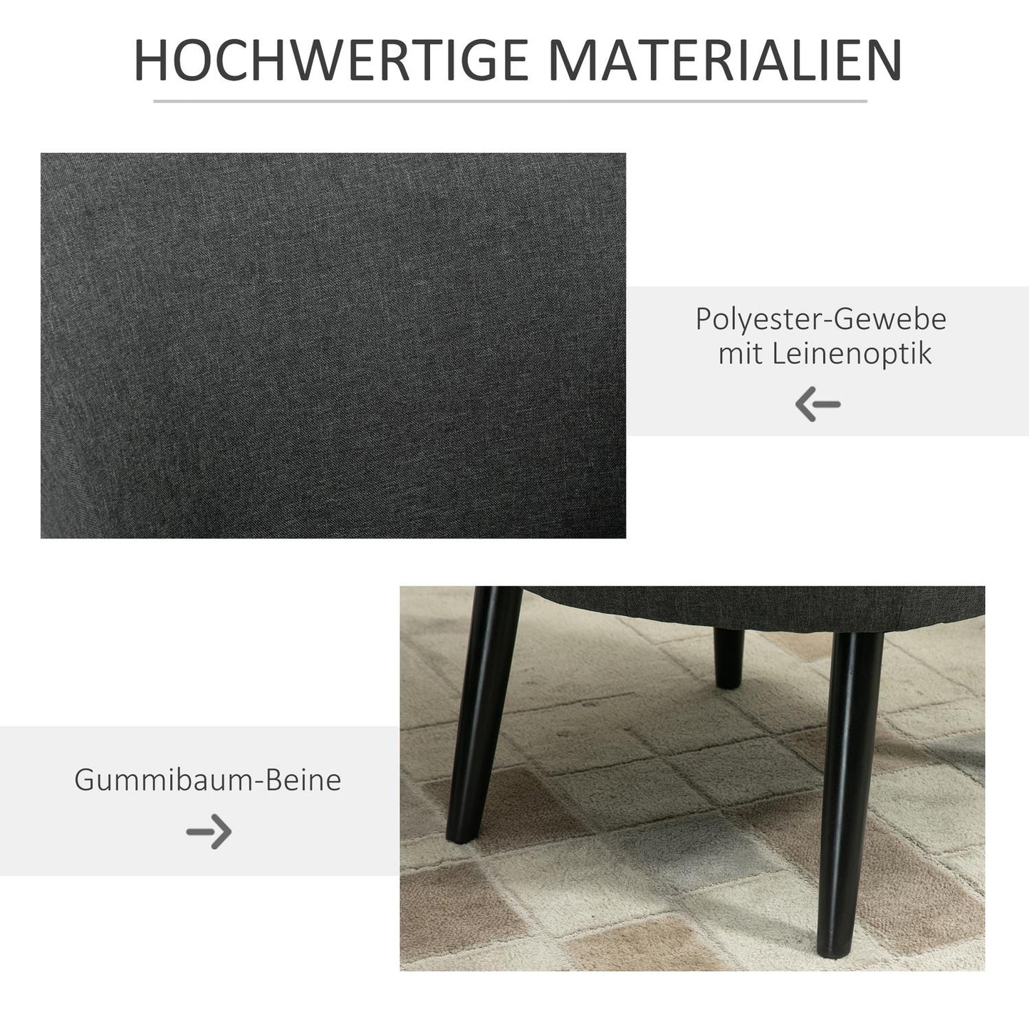 Modern gray linen-look upholstered lounge chair, wooden frame