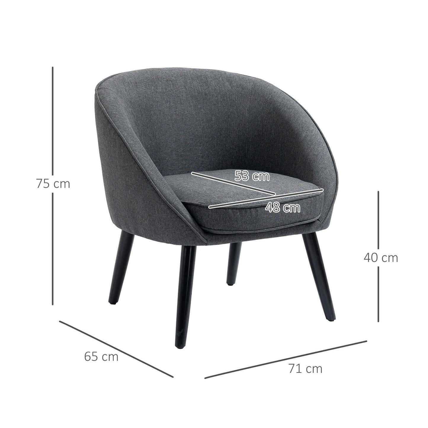 Modern gray linen-look upholstered lounge chair, wooden frame