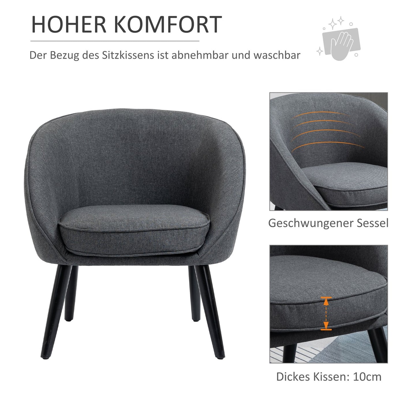 Modern gray linen-look upholstered lounge chair, wooden frame