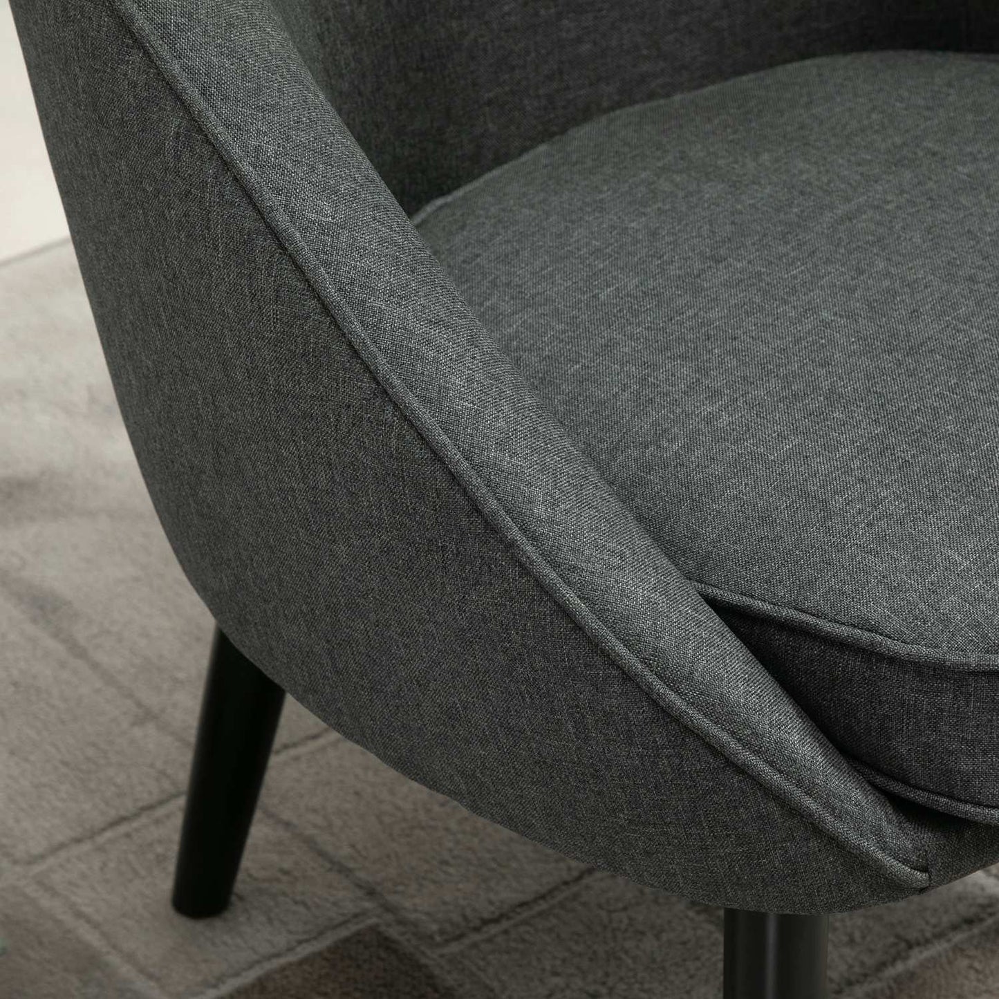 Modern gray linen-look upholstered lounge chair, wooden frame