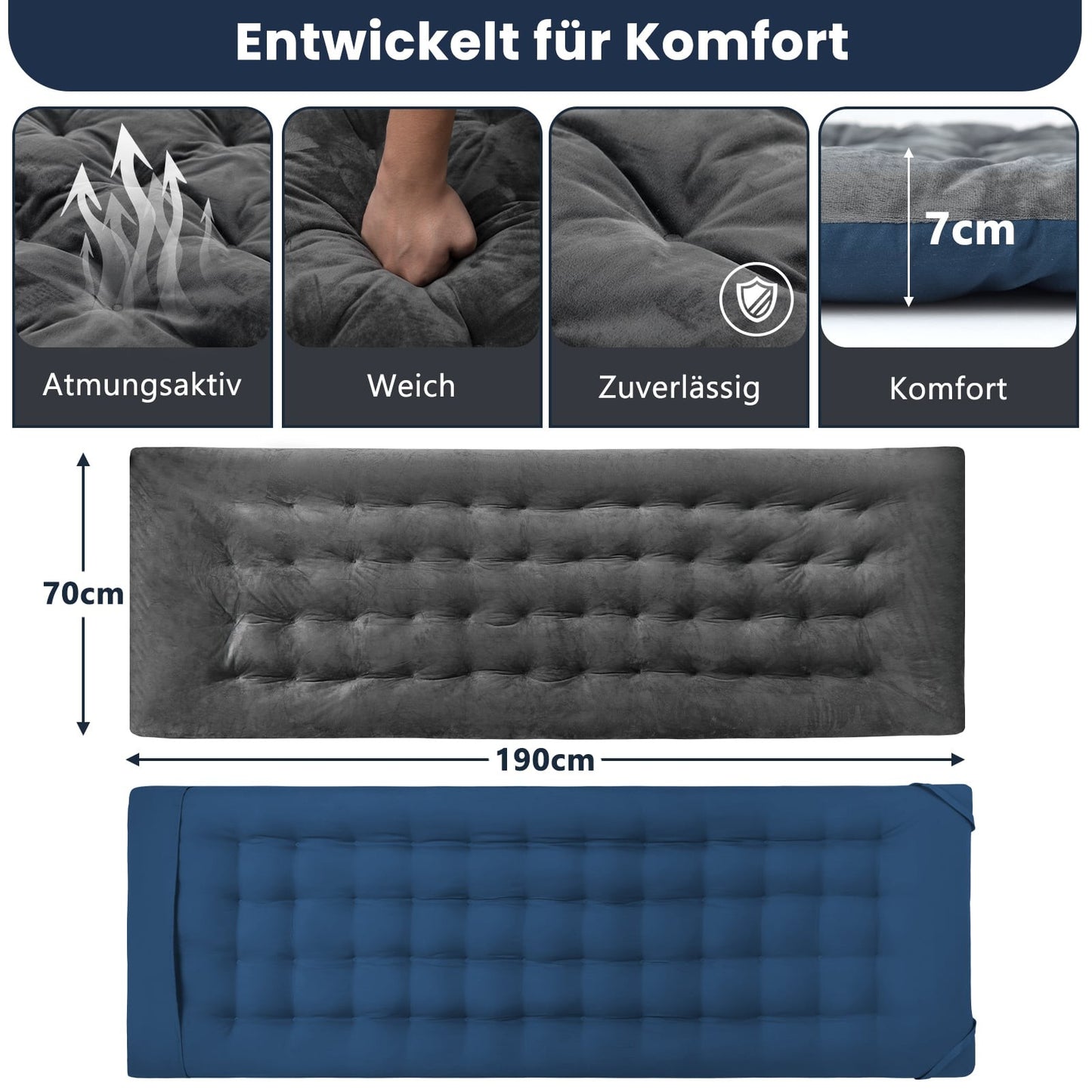 Lounge Chair Cushion 190x70 cm, Crystal Velvet, Gray