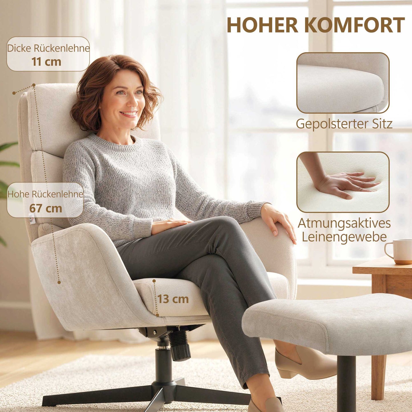 Lounge Chair with Ottoman, High Back, Metal Base, Beige
