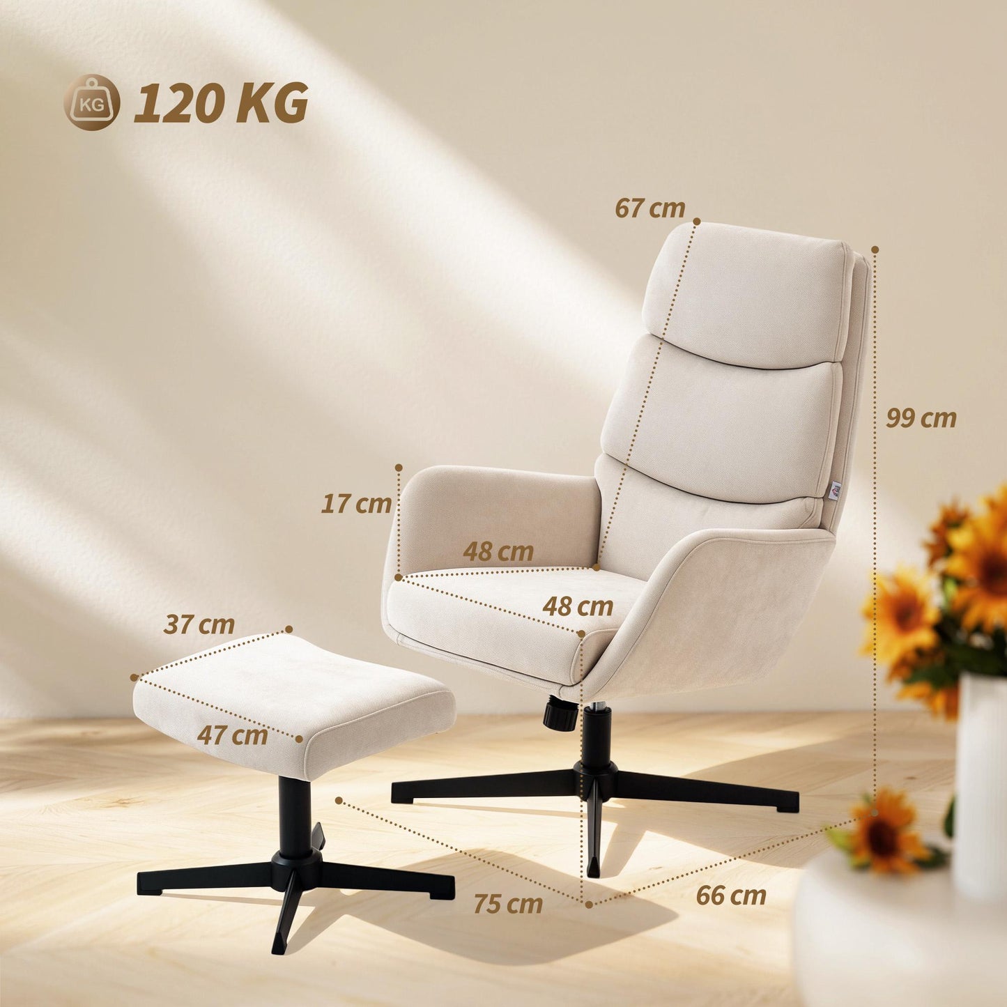 Lounge Chair with Ottoman, High Back, Metal Base, Beige