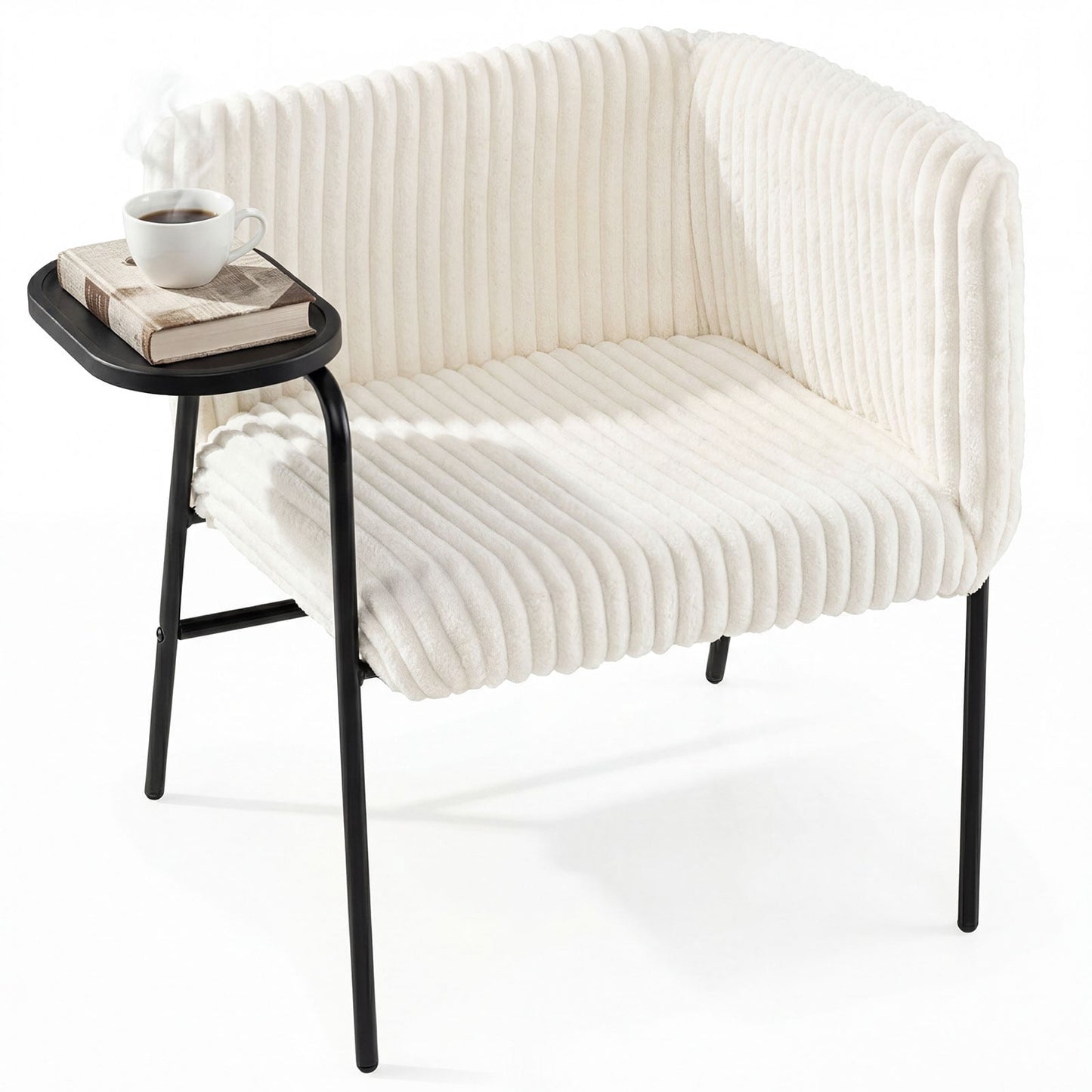 Lounge Chair with Tray, Beige Corduroy, Metal Frame