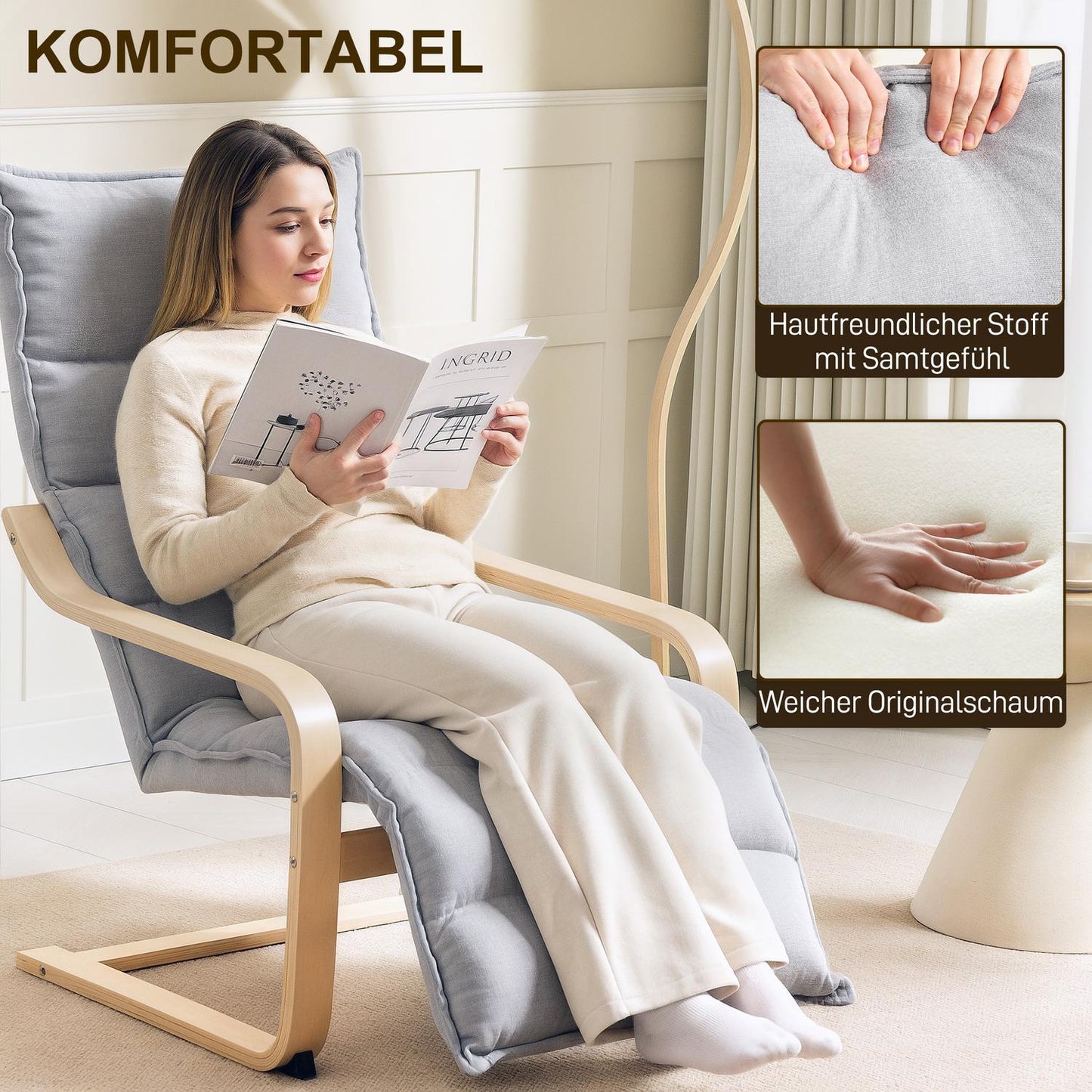 Light Grey Birch Wood Lounge Chair with Adjustable Footrest