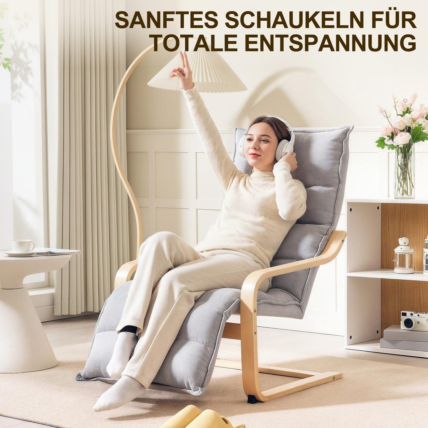Light Grey Birch Wood Lounge Chair with Adjustable Footrest