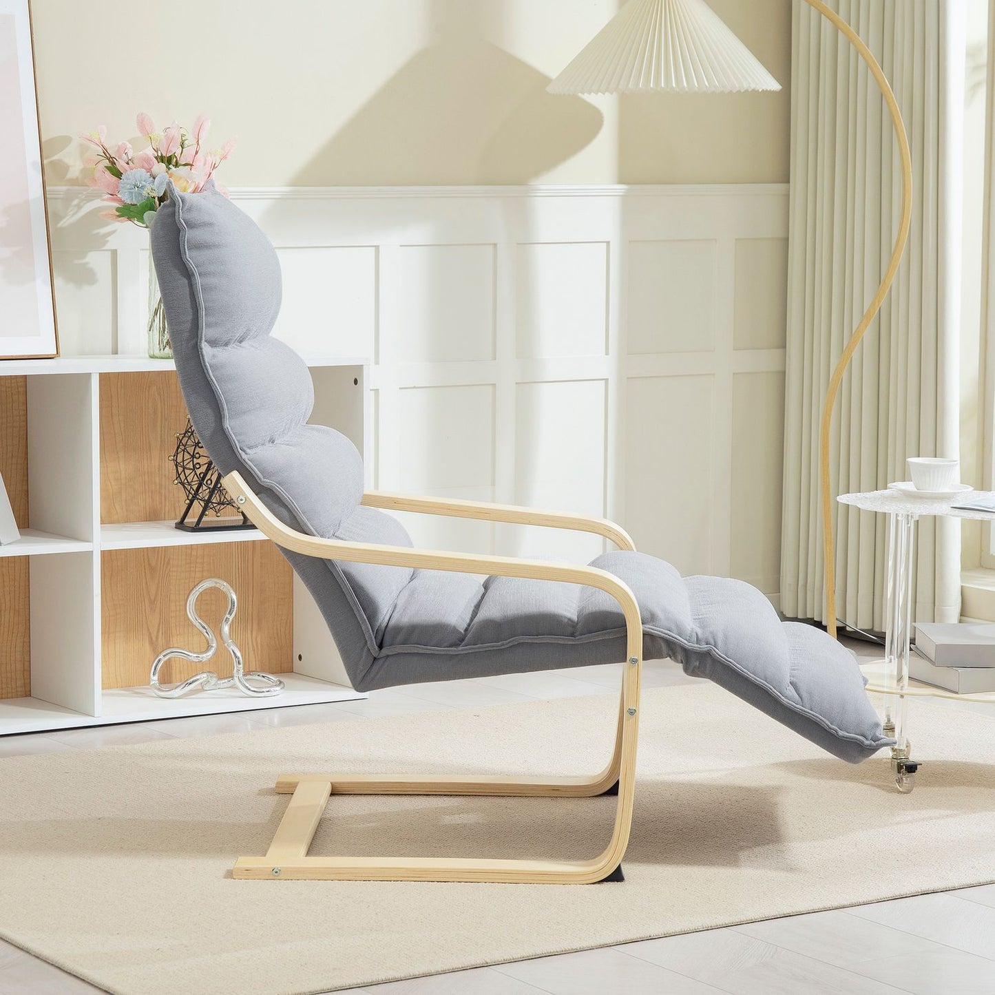 Light Grey Birch Wood Lounge Chair with Adjustable Footrest