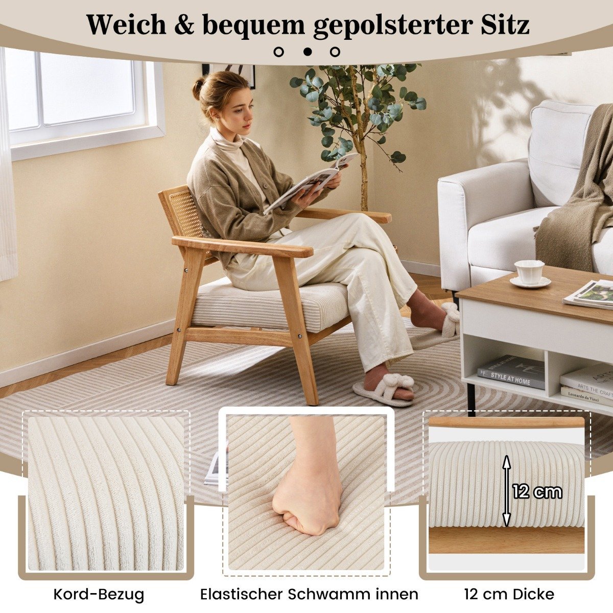Lounge chair with rattan backrest Dining chair with upholstered seat Upholstered reading chair