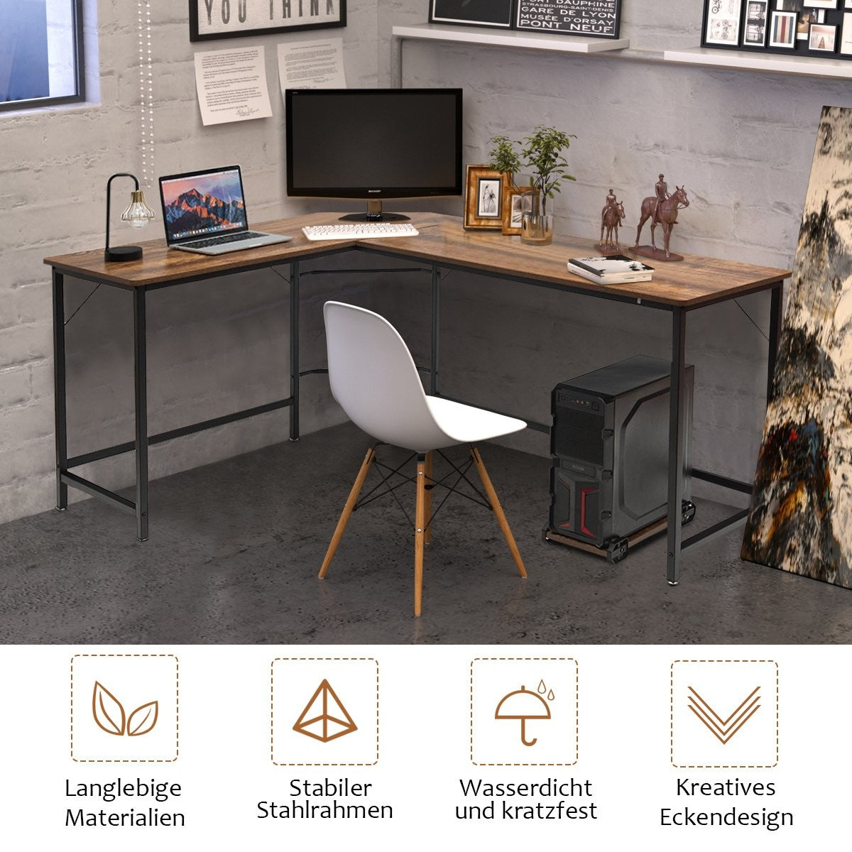 L-shape computer desk PC corner desk angle desk black/natural 168 x 125 x 74 cm coffee