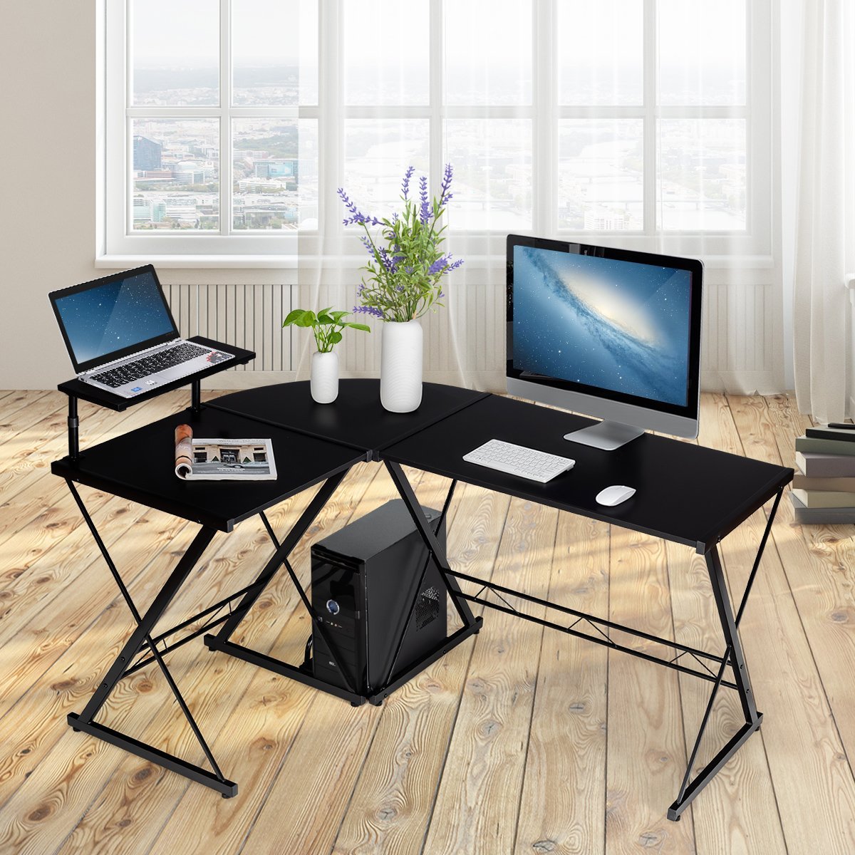 L-shape computer table desk office table corner table angle desk black