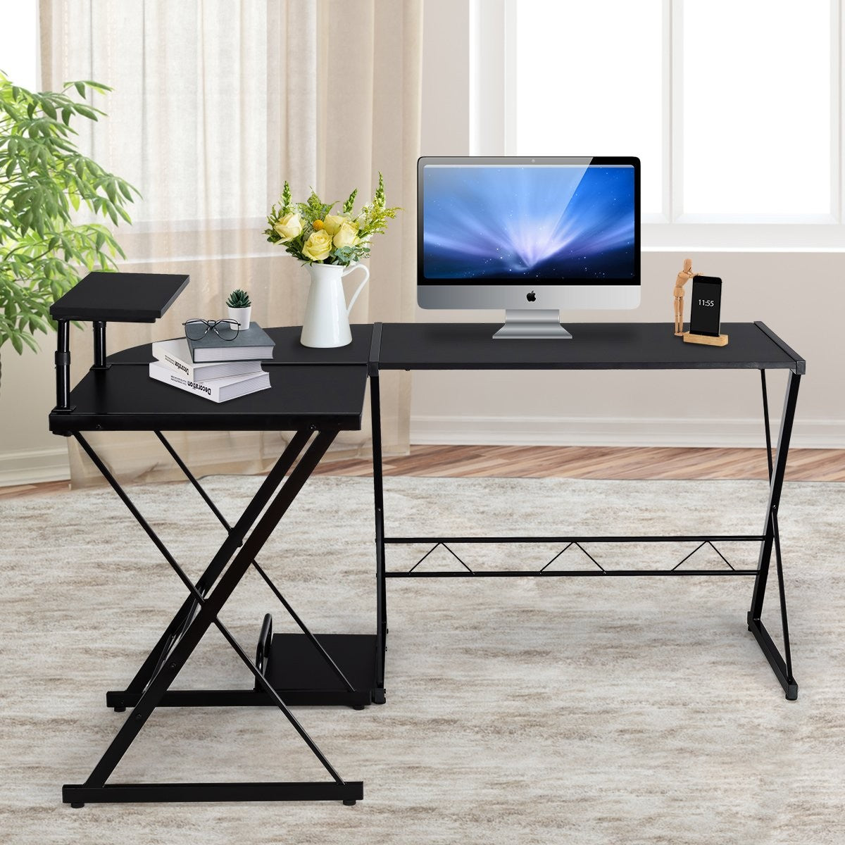 L-shape computer table desk office table corner table angle desk black