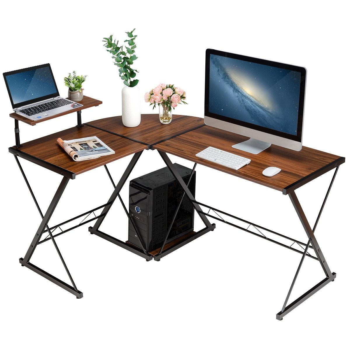 L-shape computer table desk office table corner table angle desk walnut