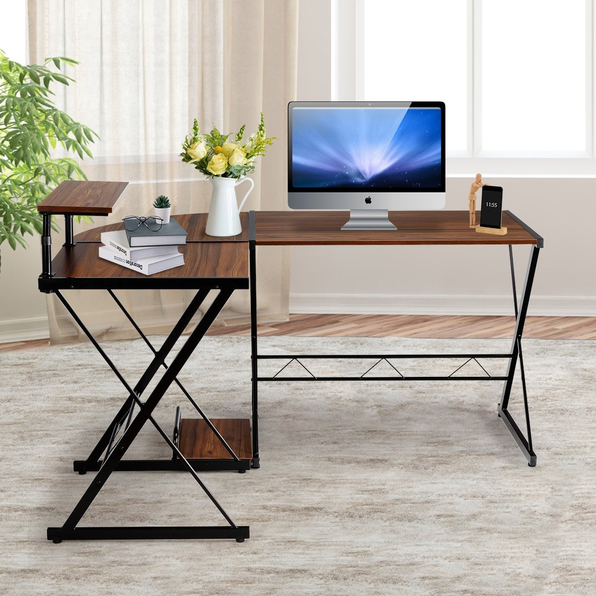 L-shape computer table desk office table corner table angle desk walnut