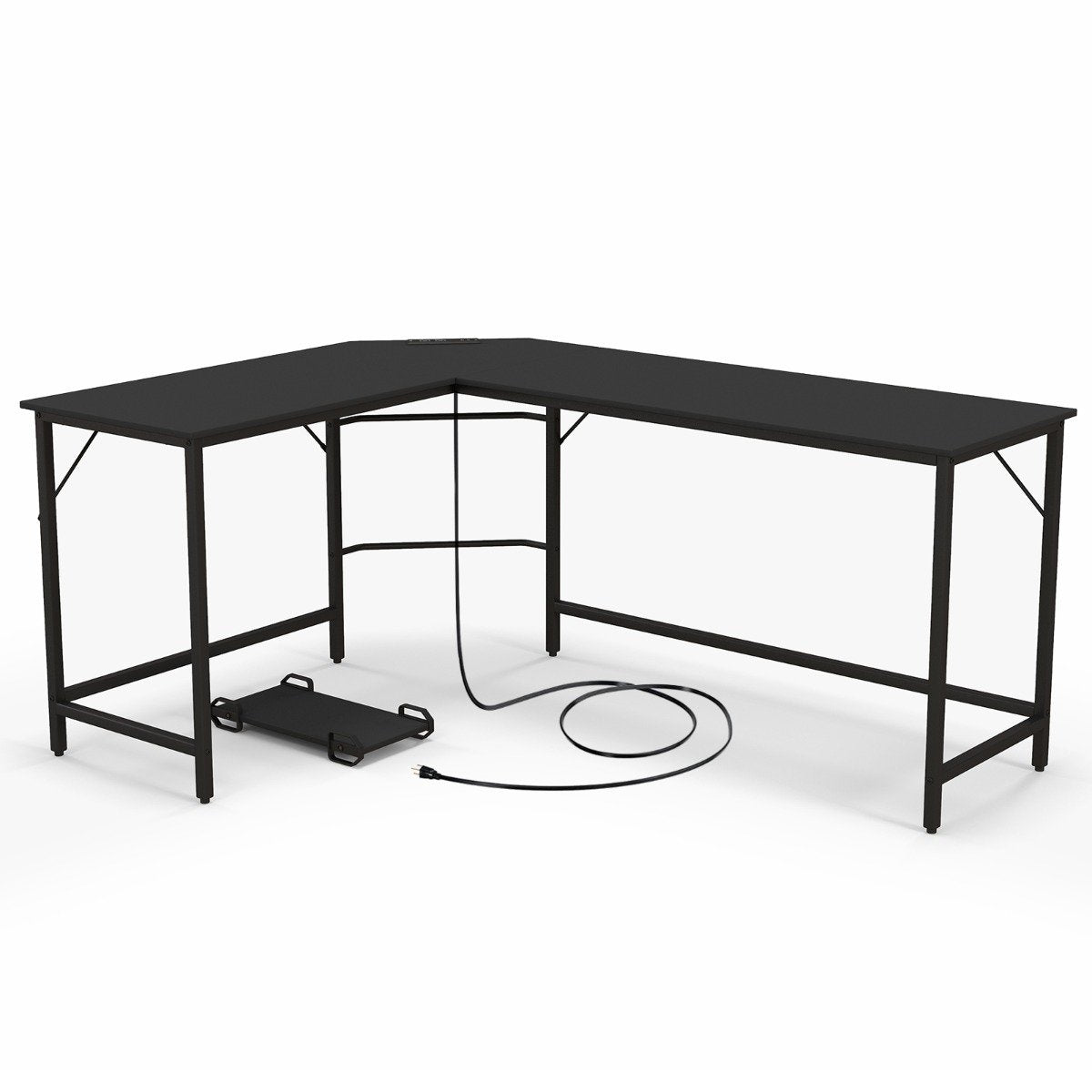 L-shaped computer desk with power outlet &amp; CPU Stand &amp; Robust metal frame corner desk black