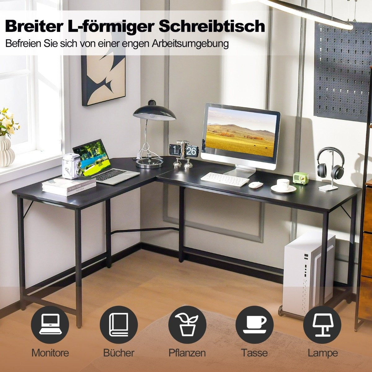 L-shaped computer desk with power outlet &amp; CPU Stand &amp; Robust metal frame corner desk black