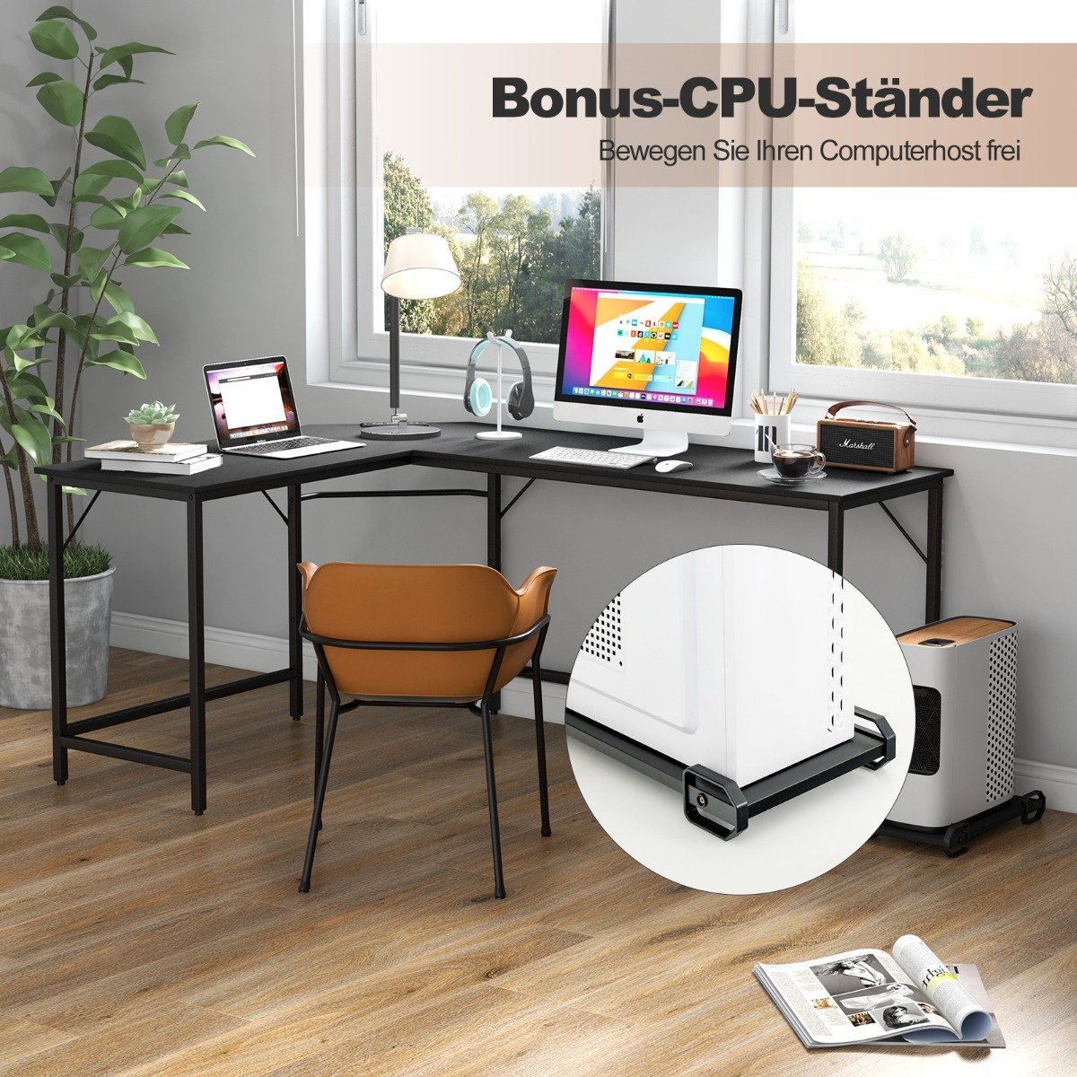 L-shaped computer desk with power outlet &amp; CPU Stand &amp; Robust metal frame corner desk black