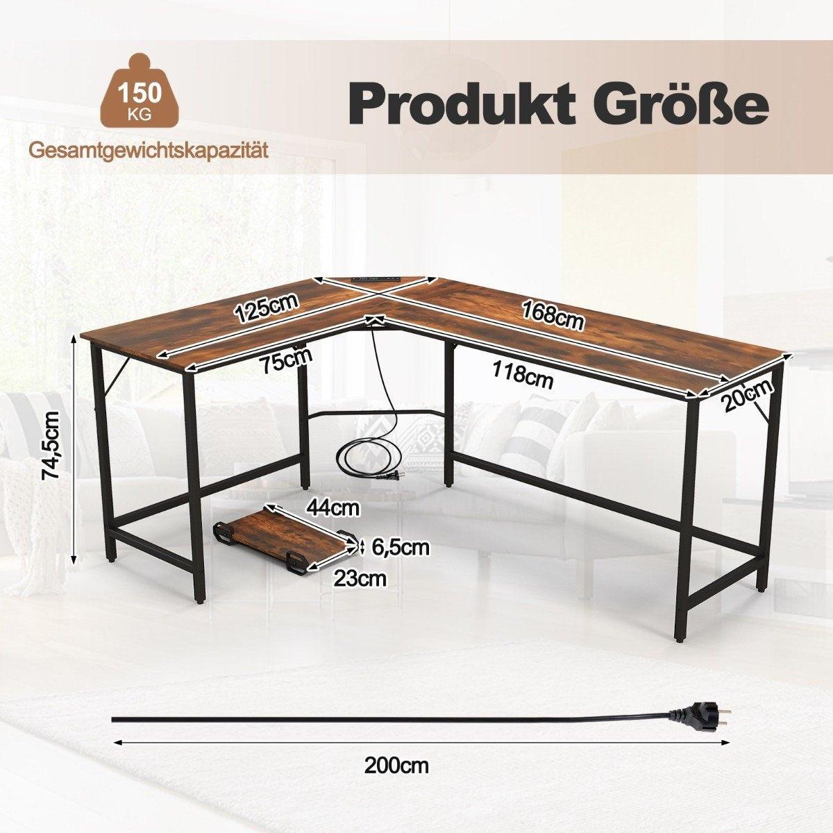 L-shaped computer desk with power outlet &amp; CPU Stand &amp; Robust metal frame corner desk brown