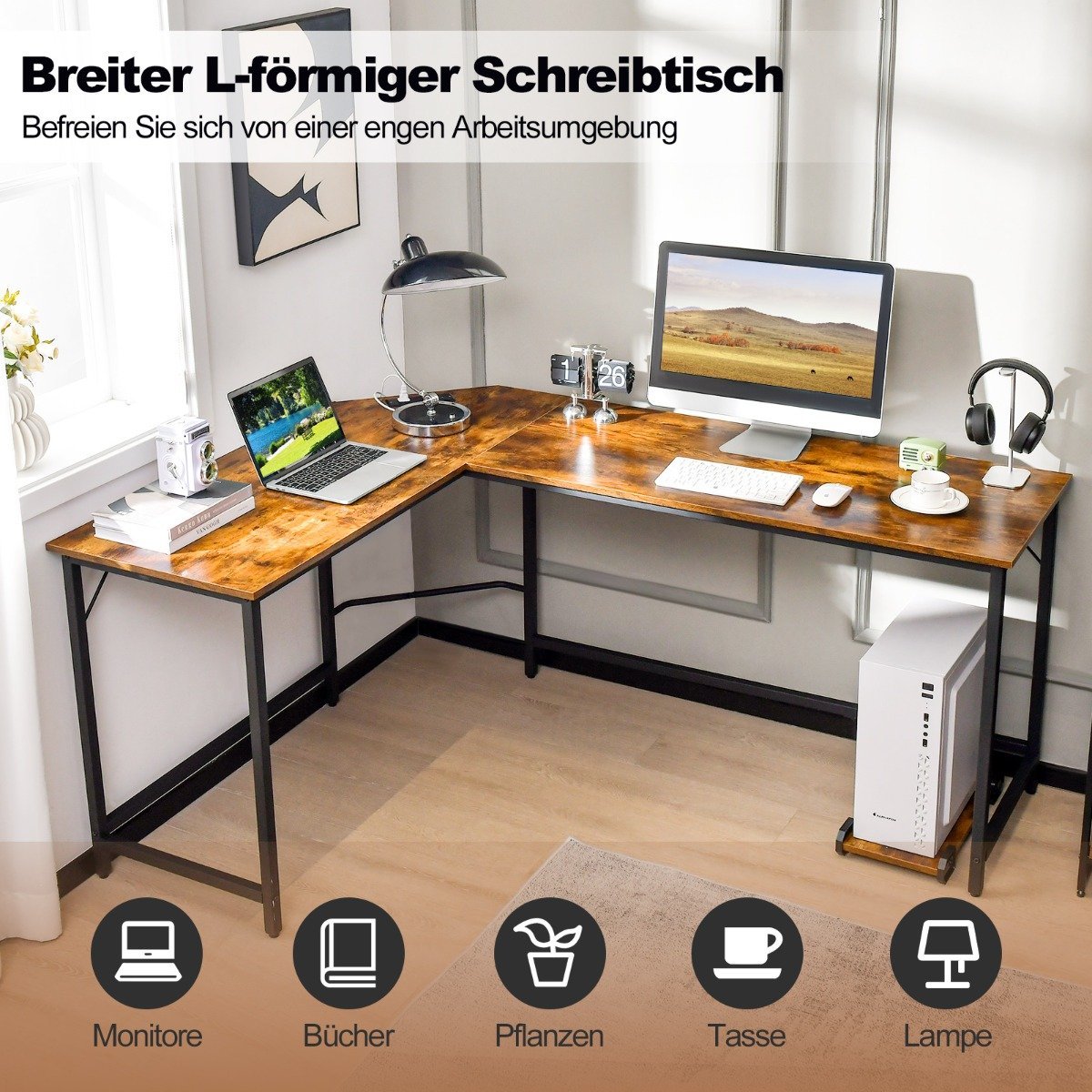 L-shaped computer desk with power outlet &amp; CPU Stand &amp; Robust metal frame corner desk brown
